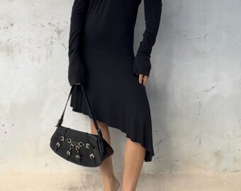 Black Asymmetric Midi Dress in Viscose Jersey with Open Shoulders and Neck Tie