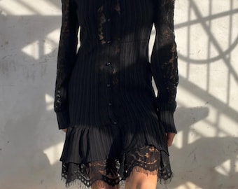 Black Pleated Mini Dress with Sheer Floral Lace and Front Buttons