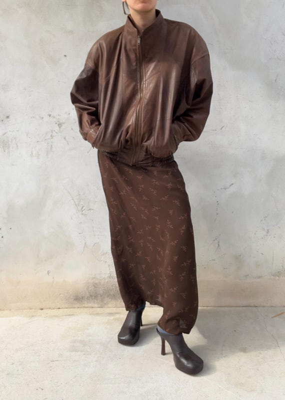 Bomber Vintage in Vera Pelle Marrone | Giacca Oversize Made in Italy Anni 80 90 | Maniche Pipistrello