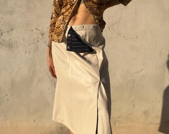 Vintage Cream Leather Midi Skirt with Front Slit and Pinstripe Lining