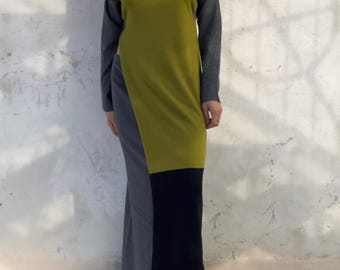 Color Block Wool Blend Maxi Knit Dress with High Neck, Side Slit and Fringe Hem