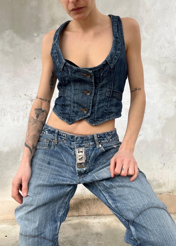 Y2K Denim Vest Top | Vintage Blue Collection Jeans Corset Vest | Low Rise 2000s Denim Waistcoat | Indie Sleaze Biker Top