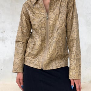 Vintage Y2K Snake Print Jacket | Beige Python Faux Leather Jacket | 2000s Animal Print Zip Jacket