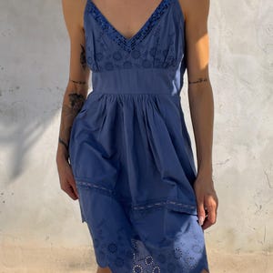 Vintage Blue Cotton Babydoll Dress | Eyelet Embroidered Mini Dress with Sequin Trim | Y2K Summer Dress