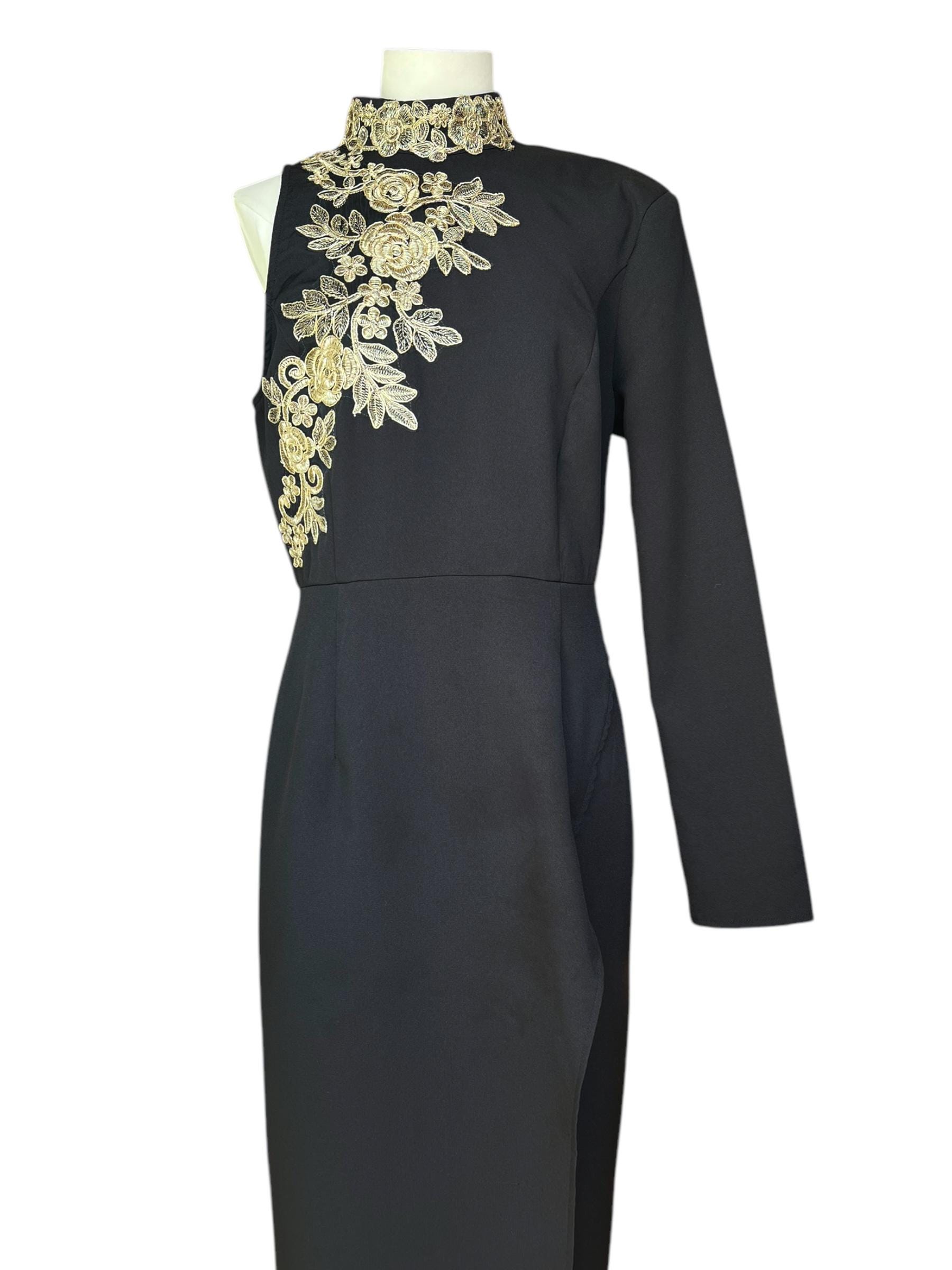 Vintage Black Evening Dress With Gold Embroidery | Elegant Asymmetrical Gown | Sustainable Fashion