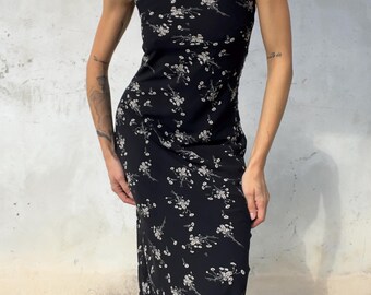 Black Maxi Dress with White Floral Print and Thin Straps