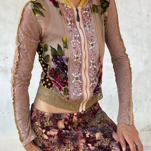 Vintage Y2K Floral Patchwork Jacket with Lace | Sequin Zip Up Top | Romantic Boho Mesh Jacket