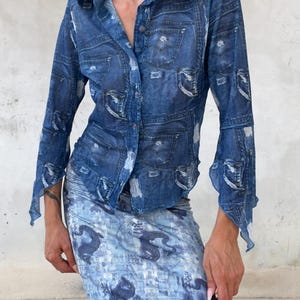 Y2K Mesh Shirt Denim Trompe l’Oeil Print | Sheer Patchwork Jean Top with Flared Sleeves | 2000s Top