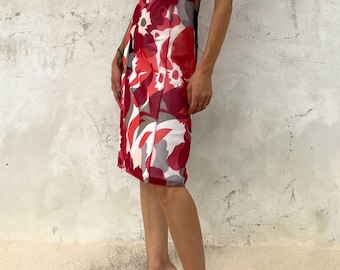 Red dress with red and withe floral print