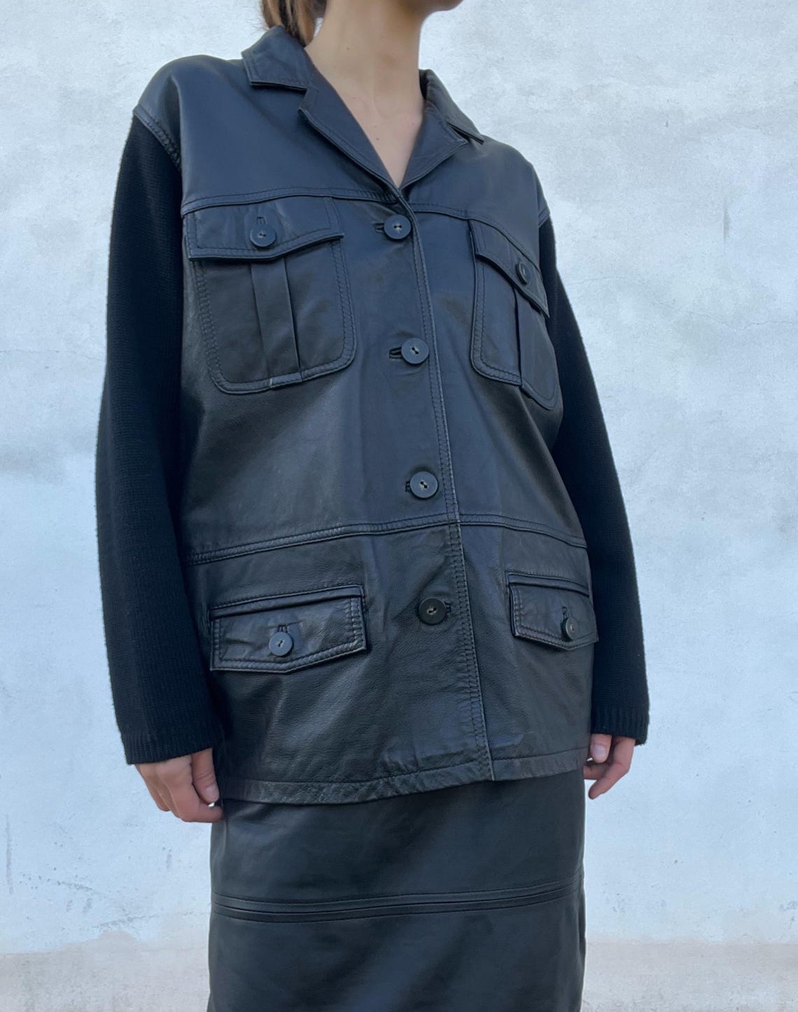 Giacca in pelle con inserti in maglia, foto 4 di 5