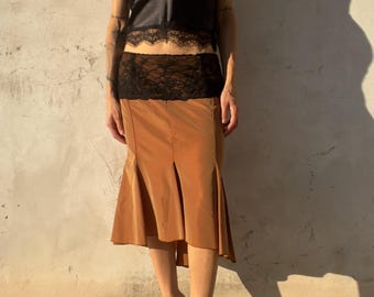 Vintage Brown Midi Skirt with Black Floral Lace Yoke and Asymmetric Hem