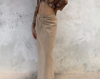 Beige Suede-Look Maxi Skirt with Shaped Seams and Side Slits