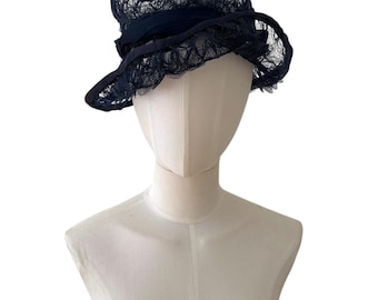 Vintage Navy Hat With Wide Brim and Dramatic Organza Loops  display picture 2