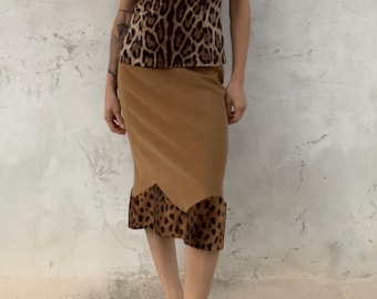 Beige Midi Skirt with Brown and Black Leopard Print Panel and Pointed Hem