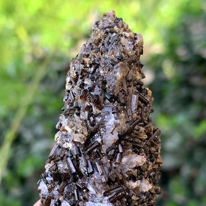 May include: A cluster of black tourmaline crystals with a rough, natural texture. The crystals are embedded in a matrix of white quartz.