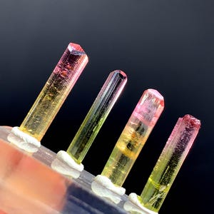 May include: Four tourmaline crystals are shown, displaying a colour gradient from pink to yellow. They are mounted on a clear base with white adhesive. The background is a dark grey.