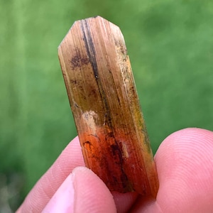 May include: A natural, elongated crystal with a polished, faceted top. The crystal displays a gradient of colors, including shades of orange, brown, and black. The crystal is held in a hand against a blurred green background.