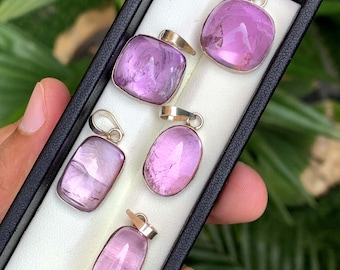 Polished Pink Kunzite Cabs with Silver 925 from Afghanistan