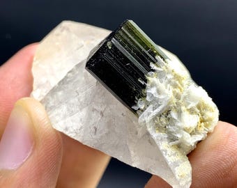 Green Cap Tourmaline Crystal with Albite on Quartz from Pakistan 25 Gram