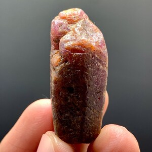 May include: A raw ruby gemstone with a rough, textured surface. The ruby displays a gradient of colors, ranging from deep brown at the base to reddish-pink at the top. The natural stone is held in a person's hand against a dark background.