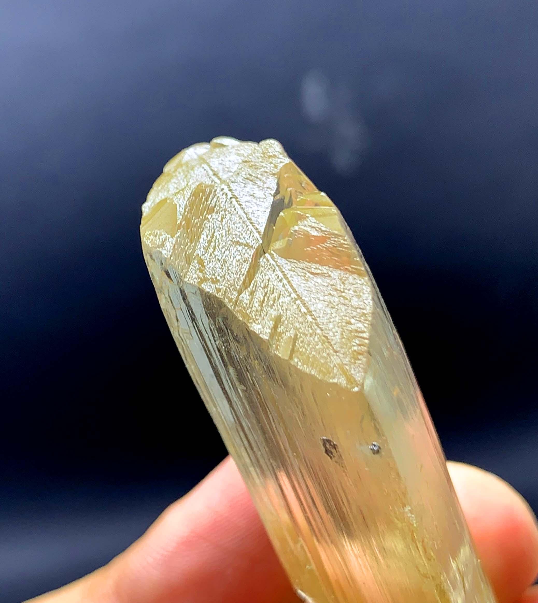 両端が尖った黄色のトリフェーンクンツァイト結晶：アフガニスタン産