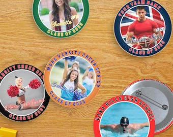 Modèle de boutons photo personnalisés, épingles au dos avec image personnalisée pour le sport de remise des diplômes, cadeaux d'anniversaire, insigne de boutons, épingles pour souvenirs