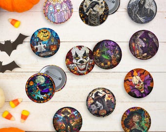 16 Designs Halloween-Geist-Button-Vorlage, Horror-Halloween-Pin-Back-Buttons, gruseliger Geist-Kürbis-Skelettknopf-Abzeichen, Herbst-Saison-Geschenke