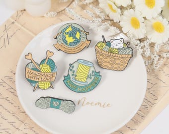Cute Cat Enamel Knitting Pin Set,Cat Yarn Lapel Pin,Knit Happens Brooch,Warm Ball of Yarn Badges,Gift for Knitters Crocheters,Pins for Bag