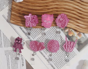 Pink Skull Retractable Badge Reel,Acrylic Skeleton Pink Nurse Badge Holder,Floral Heart Brain ID Holder,Orthopedic Medicine Badge,Nurse Gift