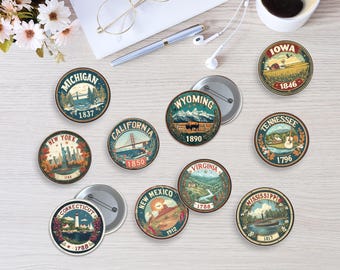 10 peças de botões de estado dos EUA, broche americano estilo vintage, acessório de botão de sinal rústico, presentes de Natal para amantes de festas, emblemas de estados dos EUA