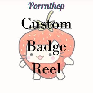 May include: A custom badge reel with a strawberry design. The image features a cartoon character dressed as a strawberry, with the words "Custom Badge Reel" in black text. The word "Porrnthep" is written in a teal color at the top.