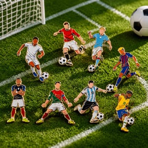 May include: A collection of eight enamel pins depicting soccer players in various national team uniforms, each shown in a dynamic pose with a soccer ball. The players wear jerseys in red, white, blue, yellow, and striped patterns, standing on a green field.