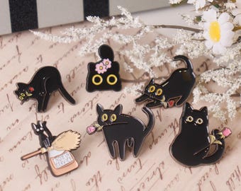 Cute Black Cat Pin Badge,Cat & Flower Brooch,Funny Badges for Backpacks,Clothing Accessories,Enamel Pin,Lapel Pin,Collar Pin,Enamel Pin Set