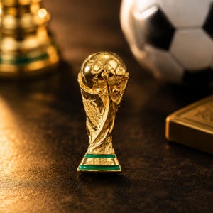 Puede incluir: Un trofeo en miniatura de color dorado que presenta un globo terráqueo sostenido por dos figuras, con una banda verde en la base que contiene el texto en relieve FIFA WORLD CUP. El objeto metálico tiene una superficie reflectante.