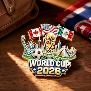 2026 Soccer Enamel Pin, USA Canada Mexico Flag Badge, Football Fan Gift, Trophy Lapel Pin, Game Day Souvenir, Stadium Party Decor