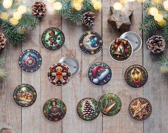 16 Designs Merry Christmas Button Template,Xmas Festive Pin back Buttons,Secret Santa Button Badge,Fall Season Gifts,The Virgin Mary Button