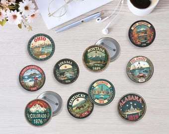 10 peças de botões de estado dos EUA, broche americano estilo vintage, acessório de botão de sinal rústico, presentes de Natal para amantes de festas, emblemas de estados dos EUA
