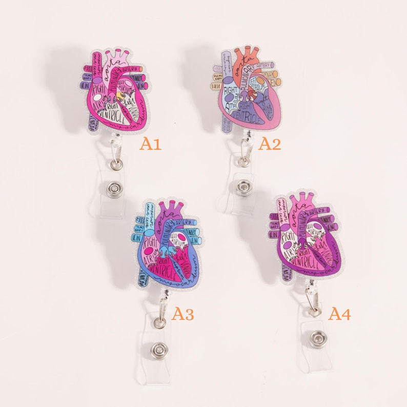 May include: Four anatomical heart-shaped badge reels. Each reel features a detailed illustration of a heart with labeled parts in shades of pink, purple, and blue. The reels have a clear plastic retractable cord and a metal clip.