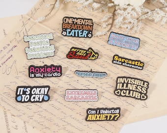 Conjunto de broches de esmalte com citações engraçadas, broche com frases sarcásticas, emblemas com slogans motivacionais, broche de ansiedade é meu cardio, broche de olhos revirados, não tem problema chorar