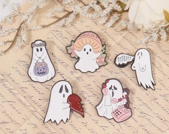 Spooky Ghost Enamel Pin Badge,Halloween Cute Ghost Costume Accessory,Boo Badge Lapel Pin,Punk Ghost with Pumpkin Phone Brooch,Halloween Gift