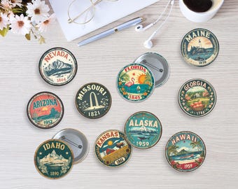 10 peças de botões de estado dos EUA, broche americano estilo vintage, acessório de botão de sinal rústico, presentes de Natal para amantes de festas, emblemas de estados dos EUA