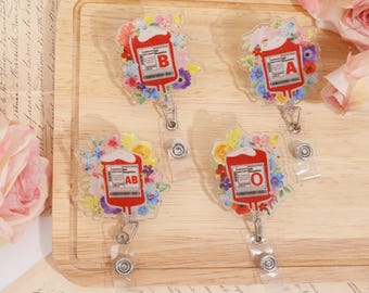 Flower Blood Bag Badge Reel,IV Bag Retractable ID Holder for Nurse,Blood Transfusion Badge Reel,Nursing Student Gift,Blood Type Badge Holder