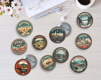 10 peças de botões de estado dos EUA, broche americano estilo vintage, acessório de botão de sinal rústico, presentes de Natal para amantes de festas, emblemas de estados dos EUA