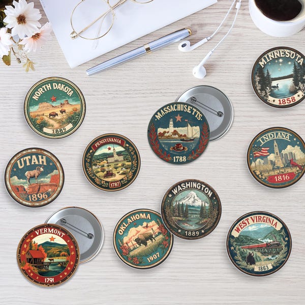 10 boutons d'État des États-Unis, insigne américain de style vintage, accessoire de bouton d'enseigne rustique, cadeaux de Noël pour les fêtards, emblèmes d'État des États-Unis