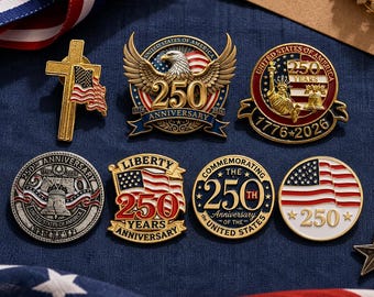 Emaljnålar för USA:s 250-årsjubileum, set med kavajnålar med patriotisk flagga och örn, frihetsmärke från 1776, samlargåva från Amerika 250, souvenirnål för 4 juli