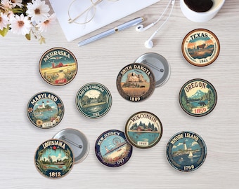 10 peças de botões de estado dos EUA, broche americano estilo vintage, acessório de botão de sinal rústico, presentes de Natal para amantes de festas, emblemas de estados dos EUA