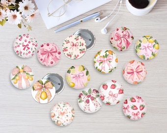14Design Pink Bow with Fruit Button Template,Coquette Cherry Bow Pin back Buttons,Cute Lemon Raspberry Button Badge,Orange Strawberry Button