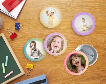 Custom Kids Photo Buttons Template,Personalized Picture Birthday Pin Back Buttons,Party Favors for Birthdays Buttons Badge,Keepsakes Pins