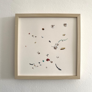 Op de afbeelding: Een ingelijst kunstwerk met een witte achtergrond en een verspreide opstelling van kleine, kleurrijke geborduurde vormen. De vormen zijn voornamelijk wit, bruin en blauw, met een paar rode en groene accenten.