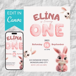 Bunny 1. Geburtstagseinladung: Mädchen-Geburtstag, bearbeitbare Vorlage (via Canva)